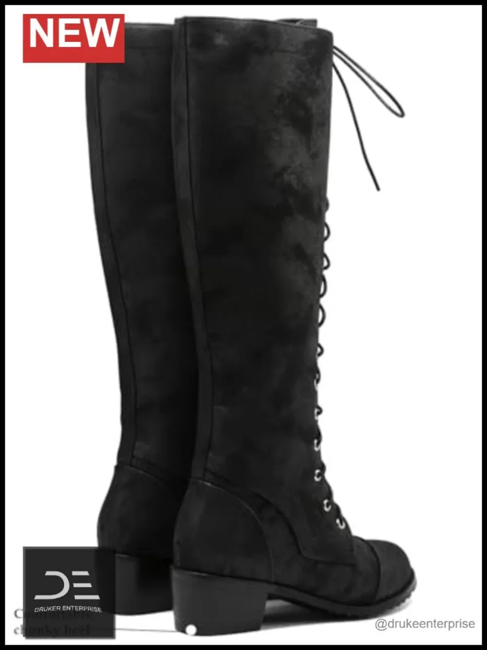 Faux Leather Over The Knee Combat Boots Chunky Heel Side Zipper Lace Up